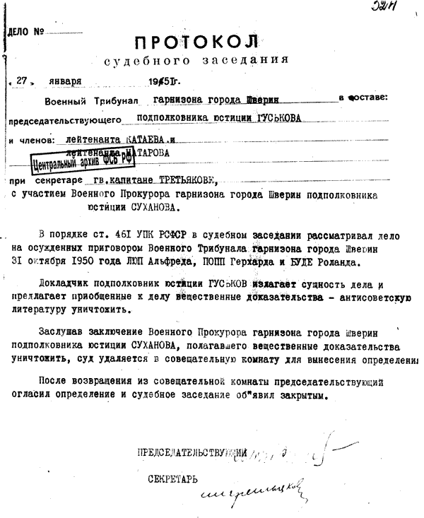 Sitzungsprotokoll (zur Vernichtung des Beweismaterials)