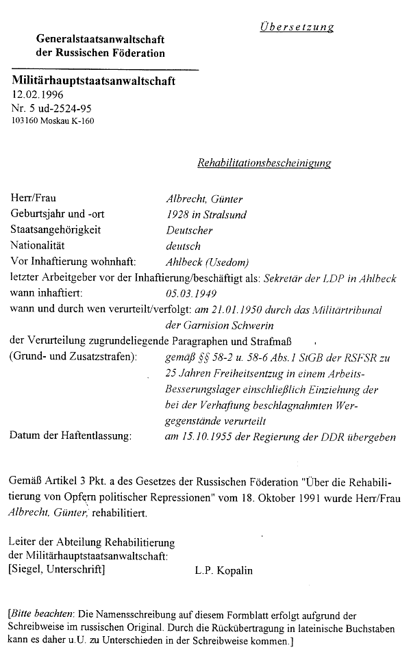 Rehabilitierungsbescheinigung (deutsch)
