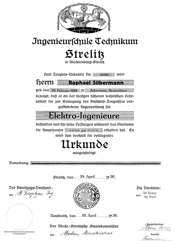 Silberman, R. I.: Zeugnis der Fachschule